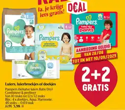 Delhaize Pampers (behalve luiers Baby Dry) Luiers, luierbroekjes of doekjes aanbieding