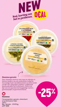 Delhaize Hummus Citroen/gember, gerookt, chimichurri of op Koreaanse wijze aanbieding