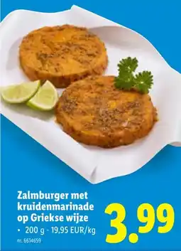 Lidl Zalmburger met kruidenmarinade op Griekse wijze aanbieding