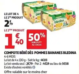 Auchan Compote bébé dès pommes bananes bledina aanbieding