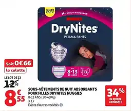 Auchan Sous-vêtements de nuit absorbants € pour filles drynites huggies aanbieding