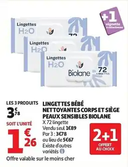Auchan Lingettes bébé nettoyantes corps et siège peaux sensibles biolane aanbieding