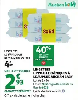 Auchan Lingettes hypoallergéniques à l'eau pure auchan baby aanbieding