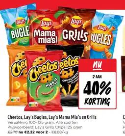 Jumbo Cheetos, Lay’s Bugles, Lay’s Mama Mia’s en Grills aanbieding