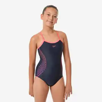 Decathlon Meisjesbadpak placement muscleback blauw/koraalrood aanbieding