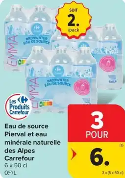 Carrefour Market Eau de source Pierval et eau minérale naturelle des Alpes Carrefour aanbieding