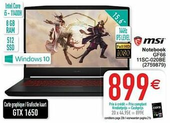 Cora Msi notebook gf66 11sc-020be aanbieding
