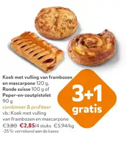 OKay Koek met vulling van frambozen en mascarpone , Ronde suisse of Peper-en-zoutpistolet aanbieding