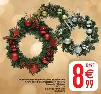 Couronne avec boules-étoiles et paillettes krans met ballen-sterren en glitters