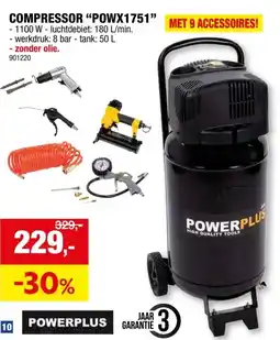 Hubo Powerplus POWX1751 compressor 1100W 50l olievrij + 11 accessoires aanbieding