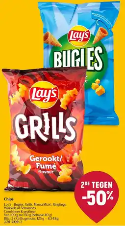 Delhaize Lay's chips Bugles, Grills, Mama Mia's!, Ringlings, aanbieding