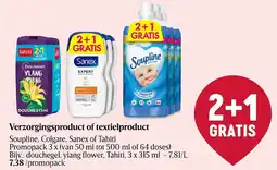 Delhaize Verzorgingsproduct of textielproduct Soupline, Colgate, Sanex of Tahiti aanbieding
