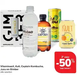 Carrefour Vitaminwell, Kult, Captain Kombucha, Juzu en Gimber aanbieding