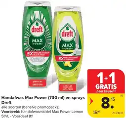 Carrefour Handafwas Max Power (730 ml) en sprays Dreft aanbieding