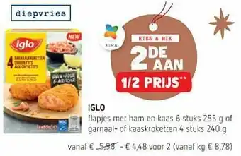 Iglo flapjes met ham en kaas of garnaal- of kaaskroketten