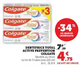 Super U Dentifrice total active prevention Colgate aanbieding