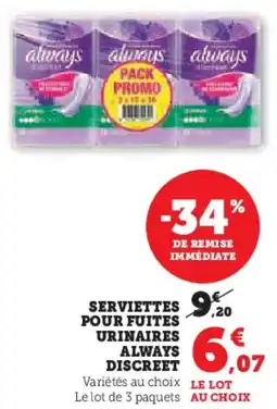 Super U Serviettes Pour Fuites Urinaires Always Discreet aanbieding