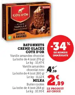 Super U Batonnets Creme Glacee Cote D'Or en Milka aanbieding