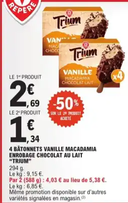 E.Leclerc 4 bâtonnets vanille macadamia enrobage chocolat AU lait trium aanbieding