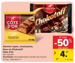 Carrefour Gamma repen, smeerpasta, Zero en Chokotoff Côte d’Or aanbieding