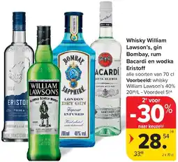 Carrefour Whisky William Lawson’s, gin Bombay, rum Bacardi en wodka Eristo aanbieding