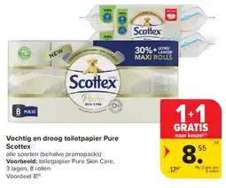Carrefour Vochtig en droog toiletpapier Pure Scottex aanbieding