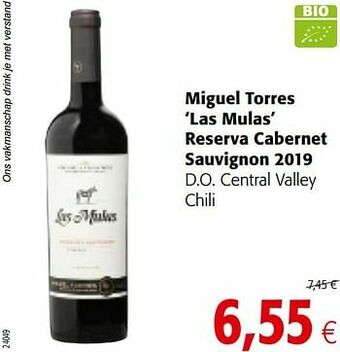 Colruyt Miguel torres las mulas reserva cabernet sauvignon 2019 d.o. central valley chili aanbieding