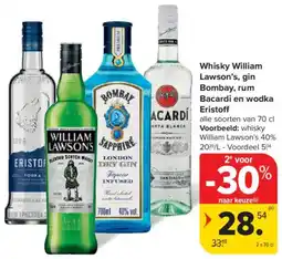 Carrefour Market Whisky William Lawson's, gin Bombay, rum Bacardi en wodka Eristoff aanbieding