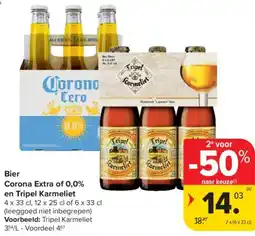 Carrefour Market Bier Corona Extra of 0,0% en Tripel Karmeliet aanbieding
