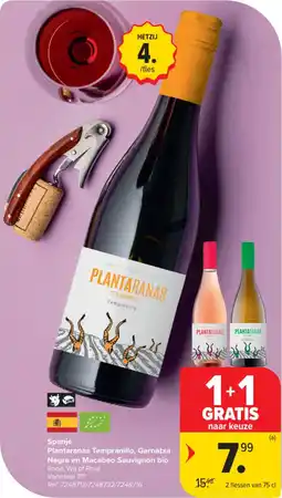 Carrefour Market Spanje Plantaranas Tempranillo, Garnatxa Negra en Macabeo Sauvignon bio aanbieding