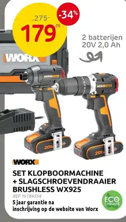 Brico Worx set klopboormachine + slagschroevendraaier brushless WX925 aanbieding