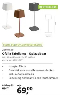 Hanos Zafferano Ofelia Tafellamp Oplaadbaar aanbieding