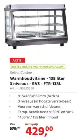 Hanos Select Cuisine Warmhoudvitrine 3 niveaus - RVS - FTR-138L aanbieding