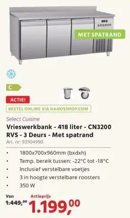 Hanos Select Cuisine Vrieswerkbank CN3200 RVS 3 Deurs Met spatrand aanbieding