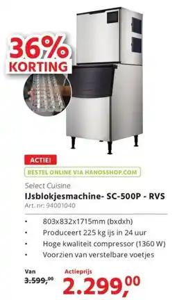 Hanos Select Cuisine IJsblokjesmachine SC-500P RVS aanbieding