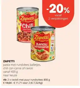 Spar ZAPETTI ravioli met puur rundsvlees 800 g aanbieding