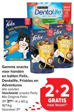 Carrefour Gamma snacks voor honden en katten Felix, Dentalife, Friskies en Adventuros aanbieding