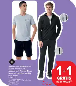 Carrefour Sweater met volledige rits, kap en Thermo Zip, jogpant met Thermo Zip en bermuda met Thermo Zip voor heren aanbieding