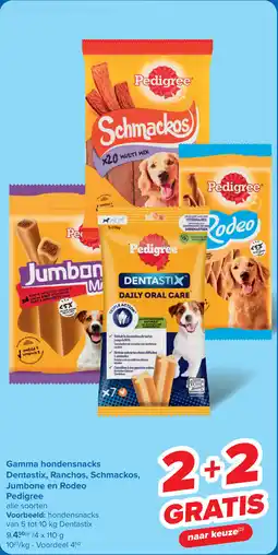 Carrefour Gamma hondensnacks Dentastix, Ranchos, Schmackos, Jumbone en Rodeo Pedigree aanbieding