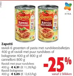 Colruyt Zapetti Ravioli met puur rundvlees 400 g aanbieding