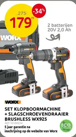 BricoPlanit Work set klopboormachine + slagschroevendraaier brushless WX925 aanbieding