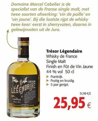 Trésor légendaire whisky de france single malt finish en fût de vin jaune