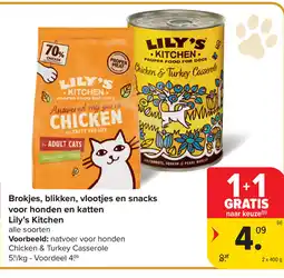 Carrefour Brokjes, blikken, vlootjes en snacks voor honden en katten Lily's Kitchen aanbieding