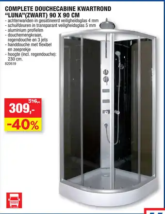 Hubo Complete Douchecabine Kwartrond Luna (Zwart) 90 x 90cm aanbieding