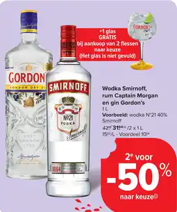 Carrefour Wodka Smirnoff, rum Captain Morgan en gin Gordon's aanbieding