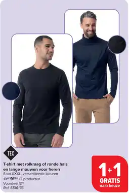 Carrefour T-shirt met rolkraag of ronde hals en lange mouwen voor heren aanbieding