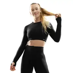 Decathlon Dames Fitness naadloze sport crop top met lange mouwen Tempo Zwart aanbieding