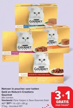 Carrefour Market Gourmet Natvoer in pouches voor katten Gold en Nature's Creations aanbieding