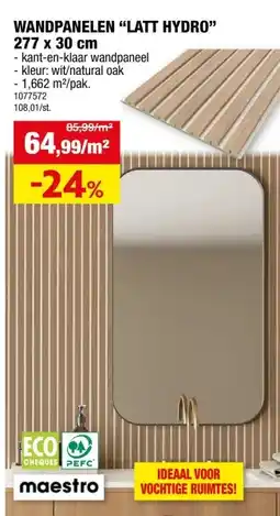 Hubo Maestro Latt Hydro wandpaneel met 7 latjes 277x30 cm 1,66m² wit/natural oak 2 stuks aanbieding
