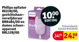 Kruidvat Philips epilator RE238/00, gezichtshaar- verwijderaar BRR484/00 en dames scheer- apparaat BRL128/00 aanbieding